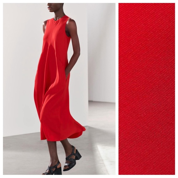 NWT. Zara ZW Collection Red viscose Blend Midi Dress with Pockets. Size. S. - Picture 3 of 12
